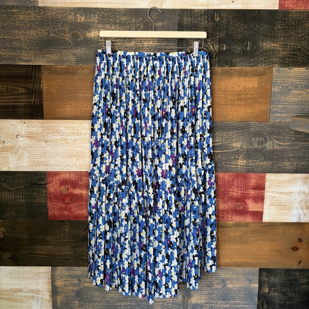 Kenzo Paris Pleated Midi Skirt Floral Womens Blue Multi Size 40 A-Line